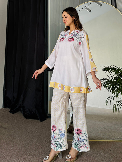 White Yellow Floral Summer Kurta Set